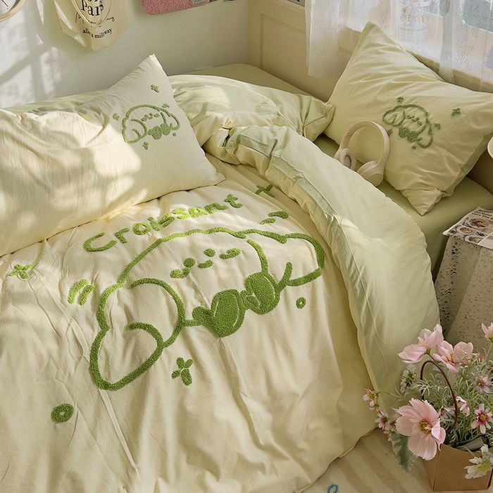 91家纺网 家纺一手货源 找家纺 曼谷家纺 2025新款软糯毛巾绣水洗棉四件套-【买家秀联系微信】专属版权，质检报告 牛角包-芝士绿