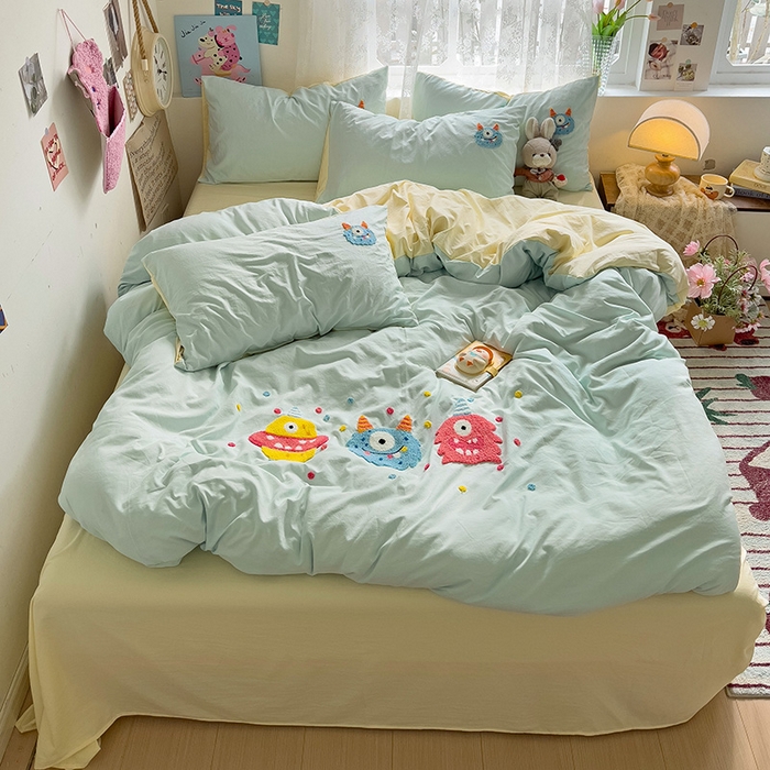 91家纺网 家纺一手货源 找家纺 曼谷家纺 2025新款软糯毛巾绣水洗棉四件套-【买家秀联系微信】专属版权，质检报告 三小怪-薄荷芝士