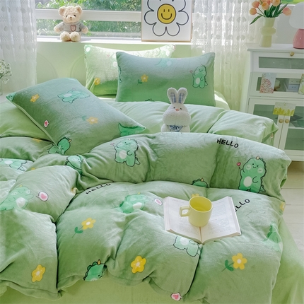 91家纺网 家纺一手货源 找家纺 （买家秀 爆款不断货）A类母婴级双面牛奶绒四件套珊瑚绒四件套雪花绒四件套儿童高克重卡通牛奶绒四件套 小恐龙