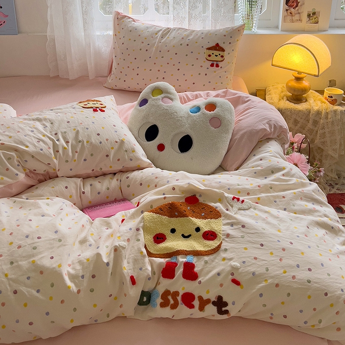 91家纺网 家纺一手货源 找家纺 曼谷家纺 2025新款软糯毛巾绣水洗棉四件套-【买家秀联系微信】专属版权，质检报告 芝士蛋糕-波点粉