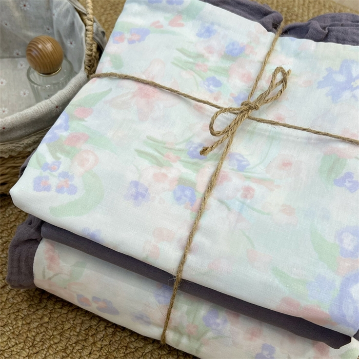 91家纺网 家纺一手货源 找家纺 荣轩 2024新款全棉印花双层纱四件套 皱皱纱花边款 花边缪斯花园