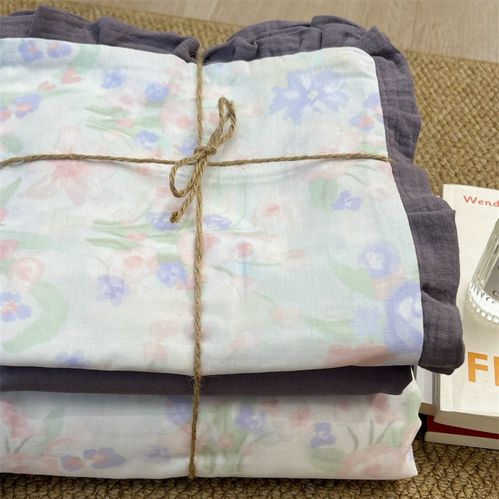 91家纺网 家纺一手货源 找家纺 荣轩 2024新款全棉印花双层纱四件套 皱皱纱花边款 花边缪斯花园