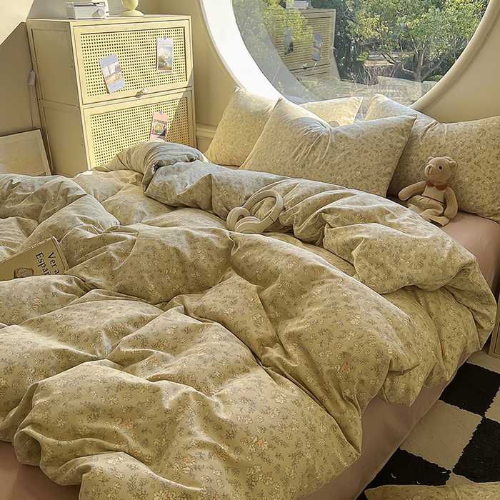 91家纺网 家纺一手货源 找家纺 2025新款针织棉双层纱四件套 花菲花