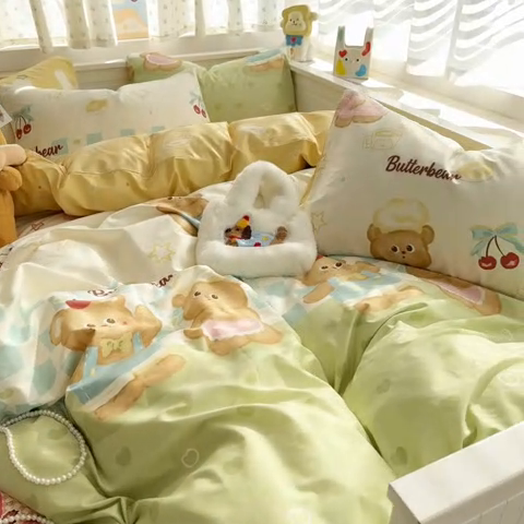91家纺网 家纺一手货源 找家纺 呗旺鹿 2025新款全棉13372黄油小熊系列四件套 黄油小熊-奶油