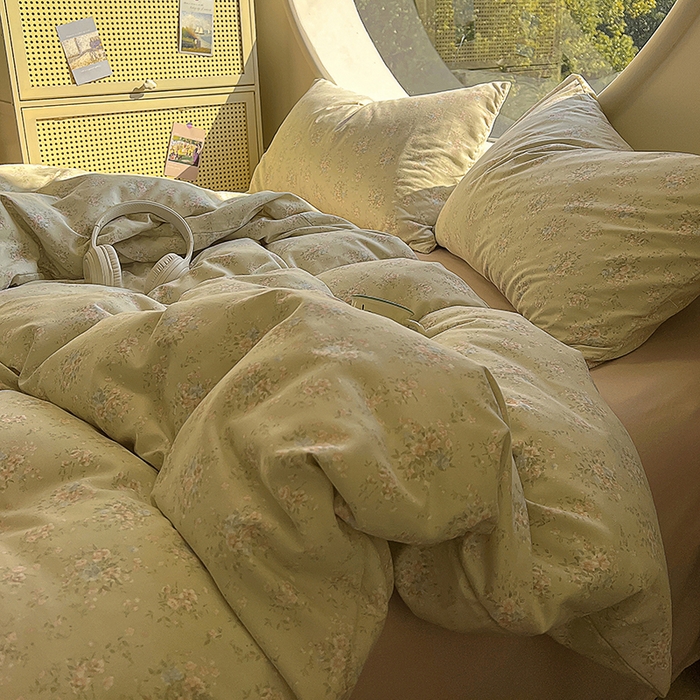 91家纺网 家纺一手货源 找家纺 2025新款针织棉双层纱四件套 堇色