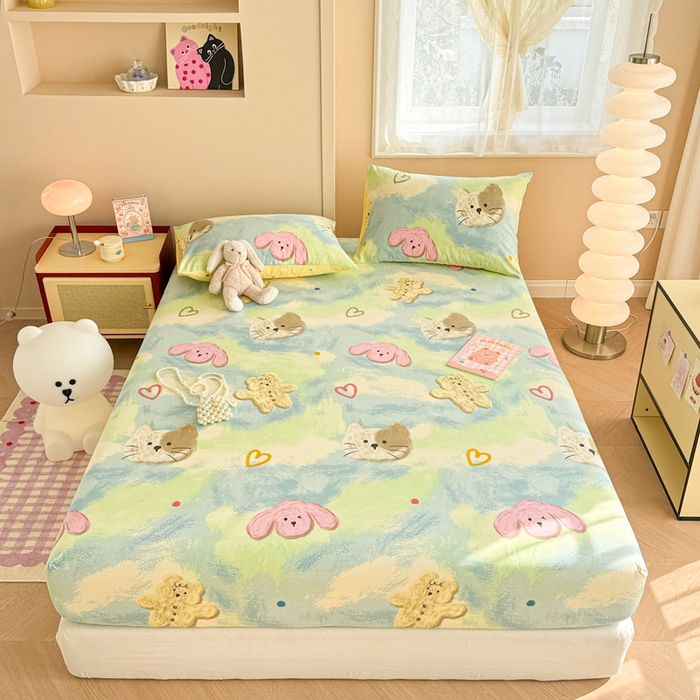 91家纺网 家纺一手货源 找家纺 呗旺鹿 2025新款全棉13372床笠 油画慕斯猫