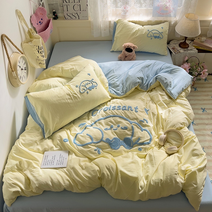 91家纺网 家纺一手货源 找家纺 曼谷家纺 2025新款软糯毛巾绣水洗棉四件套-【买家秀联系微信】专属版权，质检报告 牛角包-芝士蓝