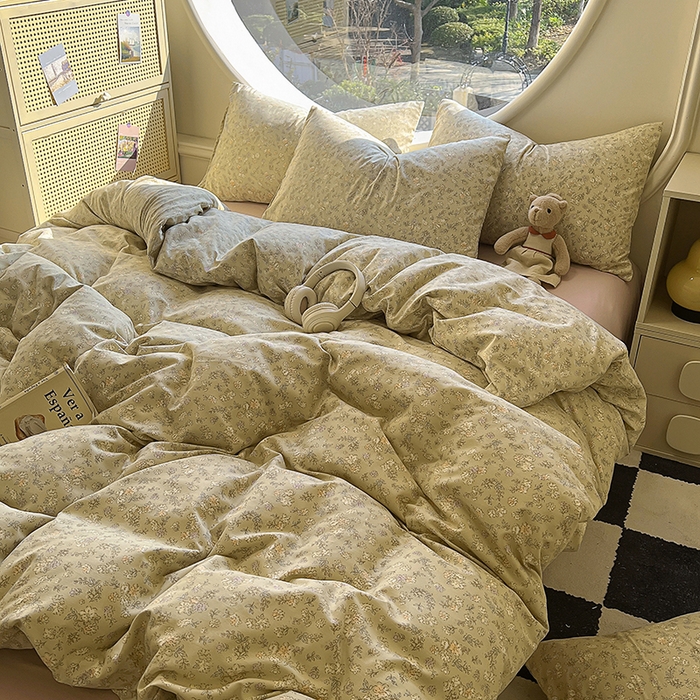 91家纺网 家纺一手货源 找家纺 2025新款针织棉双层纱四件套 花菲花