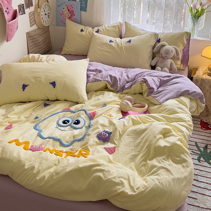 91家纺网 家纺一手货源 找家纺 曼谷家纺 2025新款软糯毛巾绣水洗棉四件套-【买家秀联系微信】专属版权，质检报告 怪兽-芝士紫