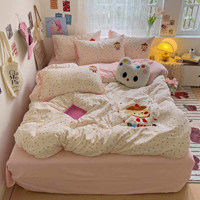 91家纺网 家纺一手货源 找家纺 曼谷家纺 2025新款软糯毛巾绣水洗棉四件套-【买家秀联系微信】专属版权，质检报告 芝士蛋糕-波点粉