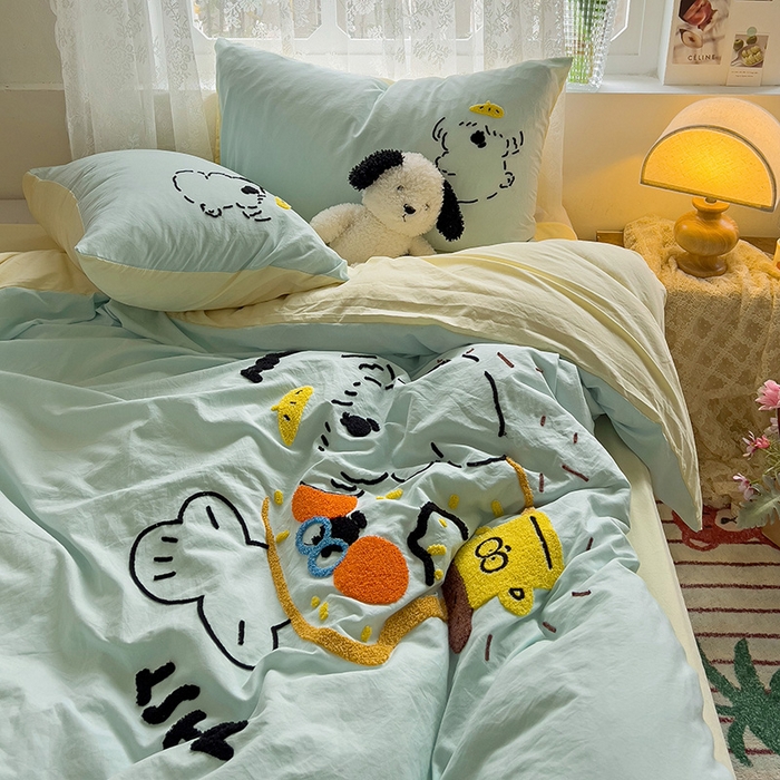 91家纺网 家纺一手货源 找家纺 曼谷家纺 2025新款软糯毛巾绣水洗棉四件套-【买家秀联系微信】专属版权，质检报告 舔狗-薄荷芝士