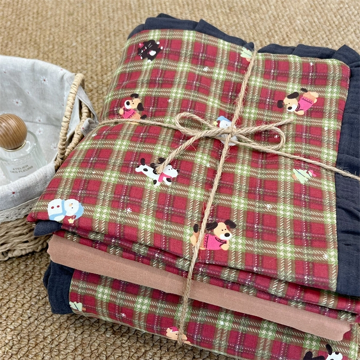 91家纺网 家纺一手货源 找家纺 荣轩 2024新款全棉印花双层纱四件套 皱皱纱花边款 花边玛奇朵