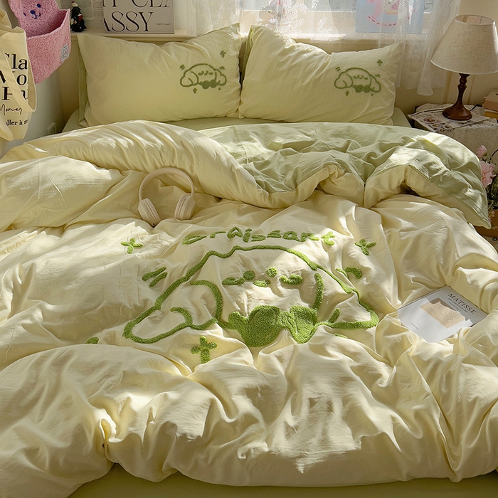 91家纺网 家纺一手货源 找家纺 曼谷家纺 2025新款软糯毛巾绣水洗棉四件套-【买家秀联系微信】专属版权，质检报告 牛角包-芝士绿