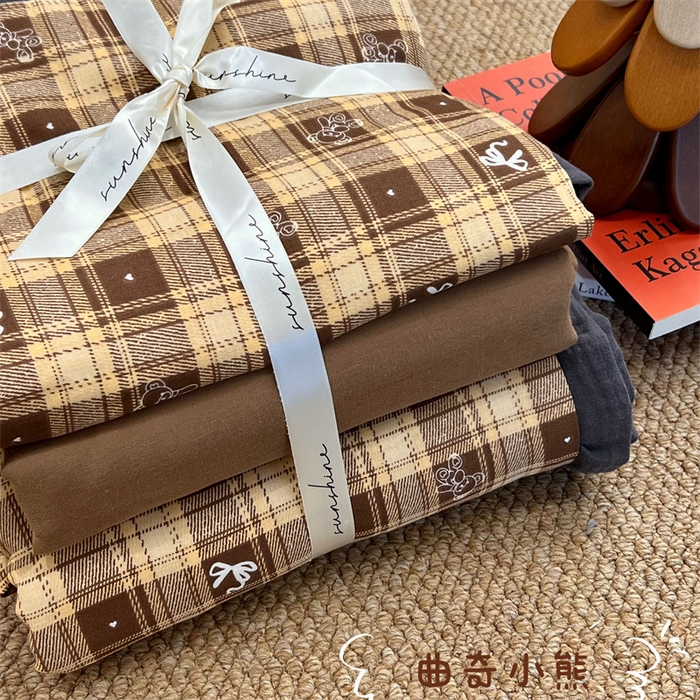 91家纺网 家纺一手货源 找家纺 荣轩 2024新款全棉印花双层纱四件套 皱皱纱花边款 花边曲奇小熊