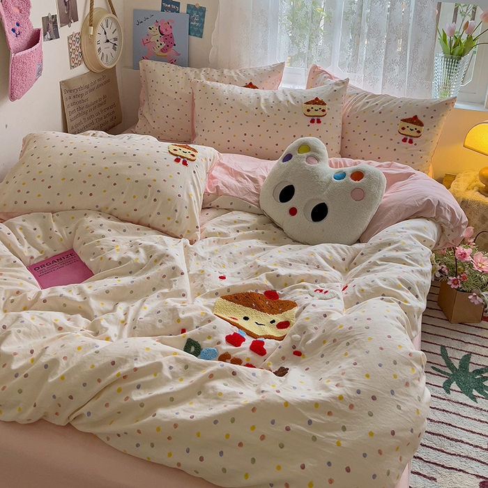 91家纺网 家纺一手货源 找家纺 曼谷家纺 2025新款软糯毛巾绣水洗棉四件套-【买家秀联系微信】专属版权，质检报告 芝士蛋糕-波点粉