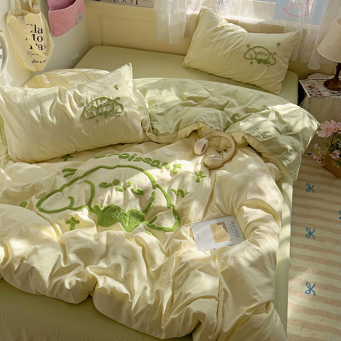 91家纺网 家纺一手货源 找家纺 曼谷家纺 2025新款软糯毛巾绣水洗棉四件套-【买家秀联系微信】专属版权，质检报告 牛角包-芝士绿