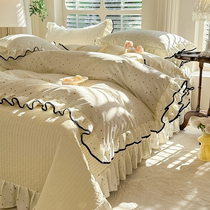 韩约家纺 2025新款1针织双层纱花边款床盖四件套 奶油波波（花边款）