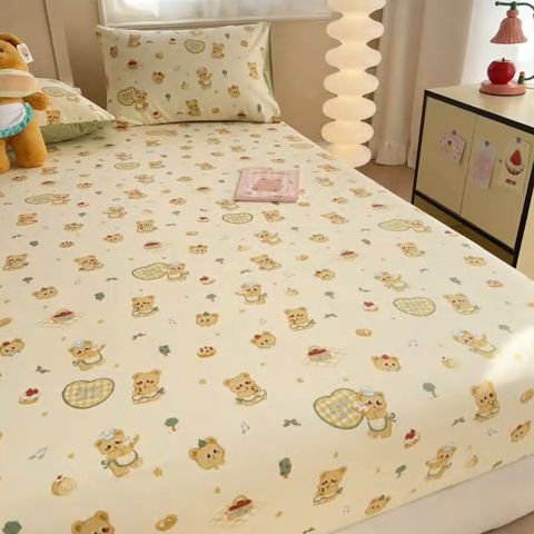 91家纺网 家纺一手货源 找家纺 呗旺鹿 2025新款全棉13372床笠 围裙小熊