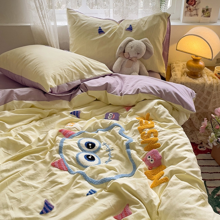 91家纺网 家纺一手货源 找家纺 曼谷家纺 2025新款软糯毛巾绣水洗棉四件套-【买家秀联系微信】专属版权，质检报告 怪兽-芝士紫