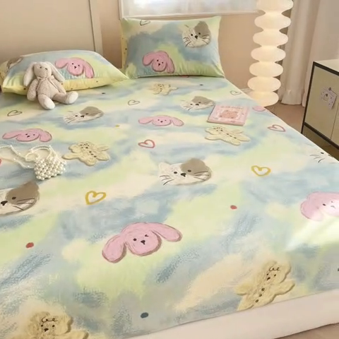 91家纺网 家纺一手货源 找家纺 呗旺鹿 2025新款全棉13372床笠 油画慕斯猫