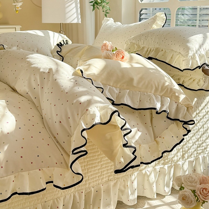 91家纺网 家纺一手货源 找家纺 韩约家纺 2025新款1针织双层纱花边款床盖四件套 奶油波波（花边款）