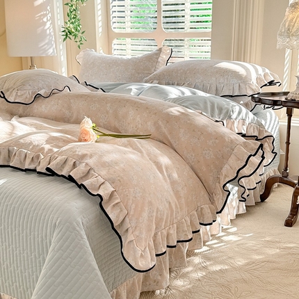 韩约家纺 2025新款1针织双层纱花边款床盖四件套 兰黛（花边款）