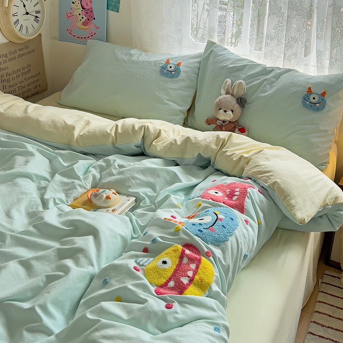 91家纺网 家纺一手货源 找家纺 曼谷家纺 2025新款软糯毛巾绣水洗棉四件套-【买家秀联系微信】专属版权，质检报告 三小怪-薄荷芝士