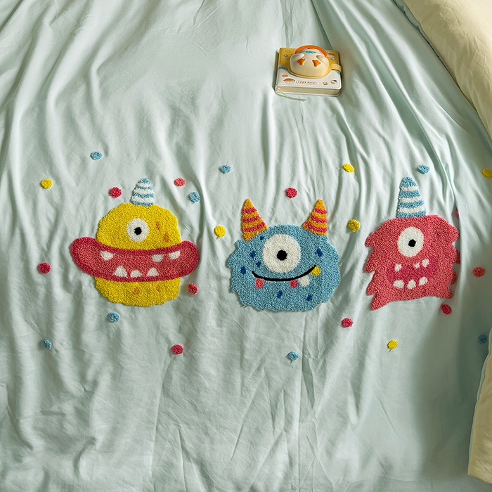 91家纺网 家纺一手货源 找家纺 曼谷家纺 2025新款软糯毛巾绣水洗棉四件套-【买家秀联系微信】专属版权，质检报告 三小怪-薄荷芝士