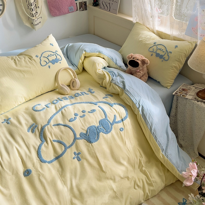 91家纺网 家纺一手货源 找家纺 曼谷家纺 2025新款软糯毛巾绣水洗棉四件套-【买家秀联系微信】专属版权，质检报告 牛角包-芝士蓝