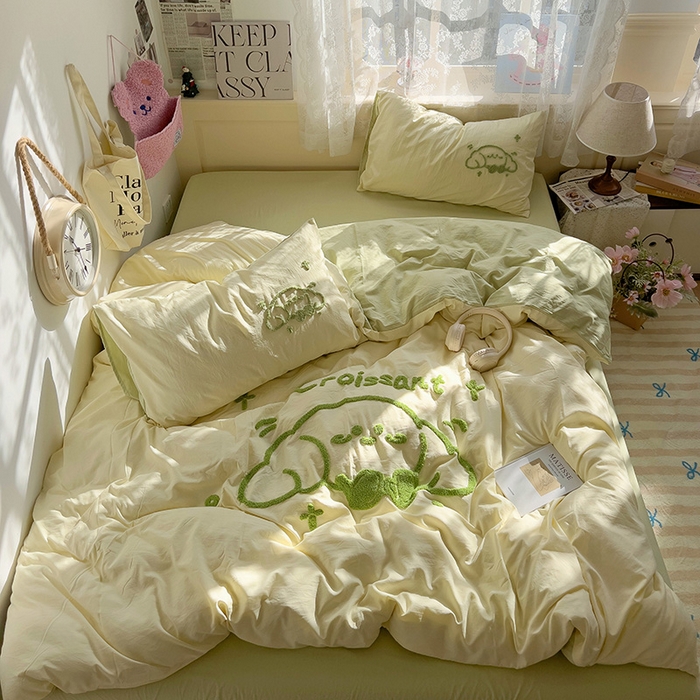 91家纺网 家纺一手货源 找家纺 曼谷家纺 2025新款软糯毛巾绣水洗棉四件套-【买家秀联系微信】专属版权，质检报告 牛角包-芝士绿