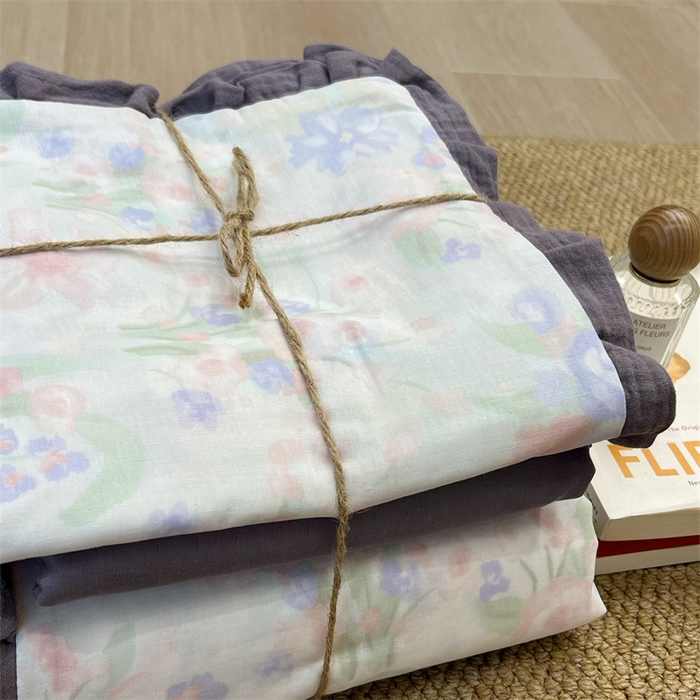 91家纺网 家纺一手货源 找家纺 荣轩 2024新款全棉印花双层纱四件套 皱皱纱花边款 花边缪斯花园