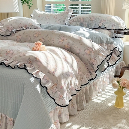 韩约家纺 2025新款1针织双层纱花边款床盖四件套 淡雅花姿（花边款）