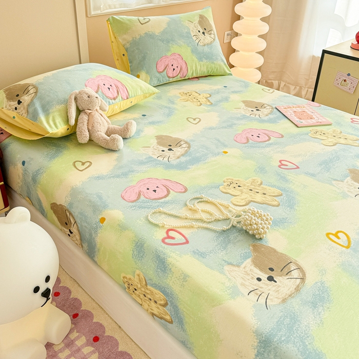 91家纺网 家纺一手货源 找家纺 呗旺鹿 2025新款全棉13372床笠 油画慕斯猫