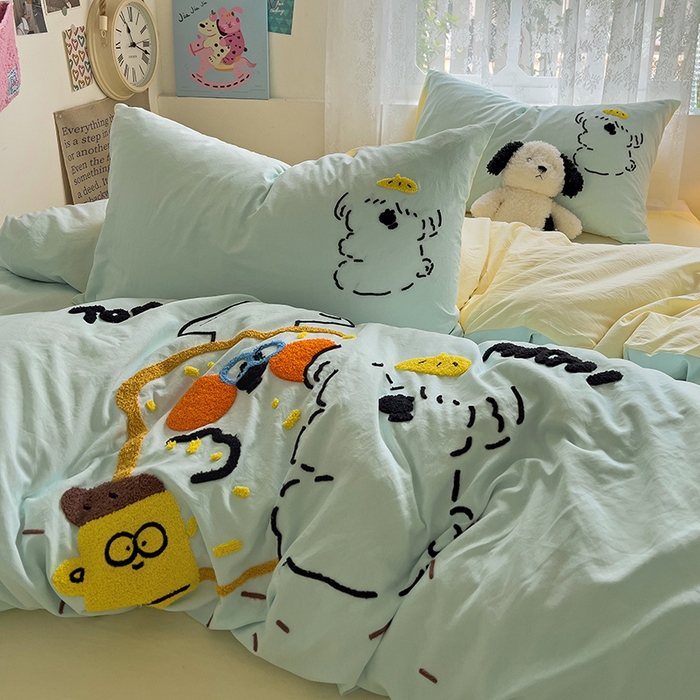 91家纺网 家纺一手货源 找家纺 曼谷家纺 2025新款软糯毛巾绣水洗棉四件套-【买家秀联系微信】专属版权，质检报告 舔狗-薄荷芝士