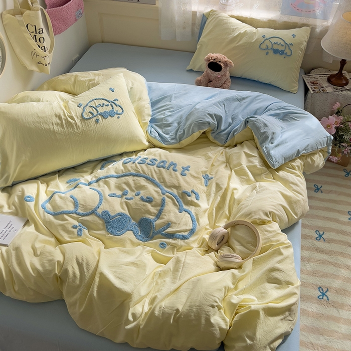 91家纺网 家纺一手货源 找家纺 曼谷家纺 2025新款软糯毛巾绣水洗棉四件套-【买家秀联系微信】专属版权，质检报告 牛角包-芝士蓝