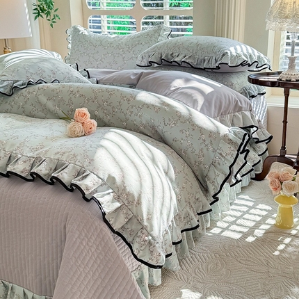 韩约家纺 2025新款1针织双层纱花边款床盖四件套 春风里（花边款）