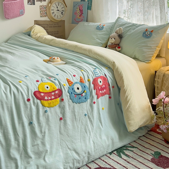 91家纺网 家纺一手货源 找家纺 曼谷家纺 2025新款软糯毛巾绣水洗棉四件套-【买家秀联系微信】专属版权，质检报告 三小怪-薄荷芝士