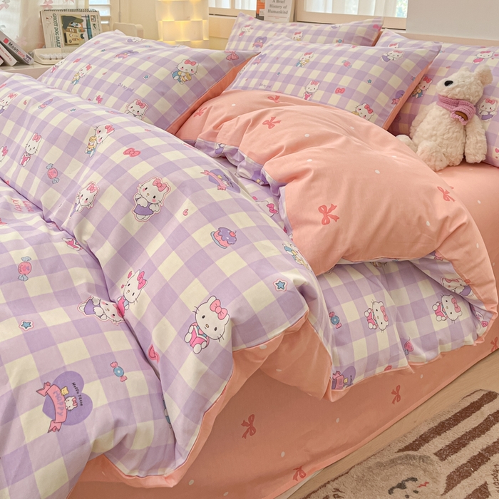 91家纺网 家纺一手货源 找家纺 2025新款全棉卡通小清新系列四件套 糖果猫