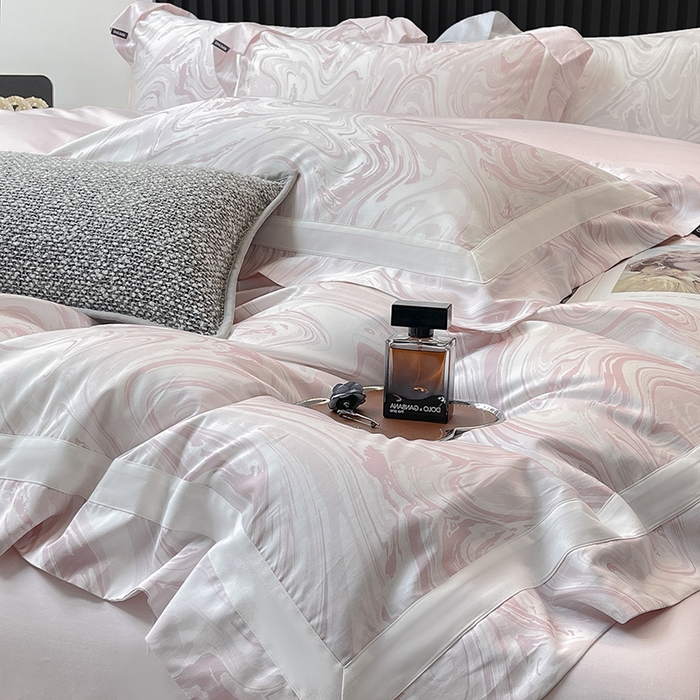 91家纺网 家纺一手货源 找家纺 春夏爆款全棉数码印花四件套纯棉轻奢风长绒棉床单被套时尚床上用品浮影 SM浮影-静谧粉