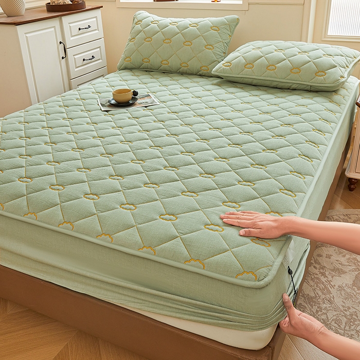 91家纺网 家纺一手货源 找家纺 3C 2024新款云朵全棉水洗棉床笠 云朵 抹茶绿