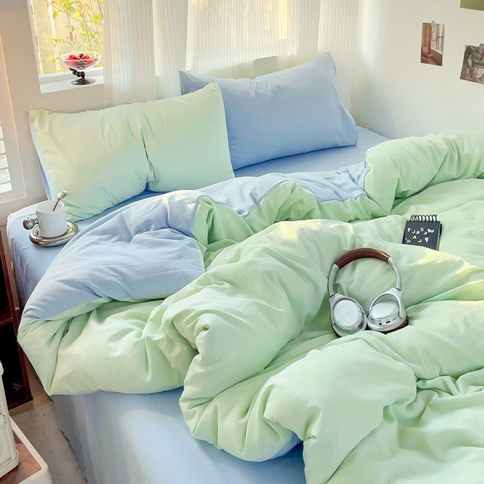 91家纺网 家纺一手货源 找家纺 森璐 2025新款水洗棉双拼四件套宿舍三件套床单被套枕套双拼-藻绿蓝