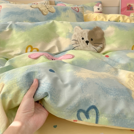 2025新款全棉卡通小清新系列四件套 油画慕斯猫
