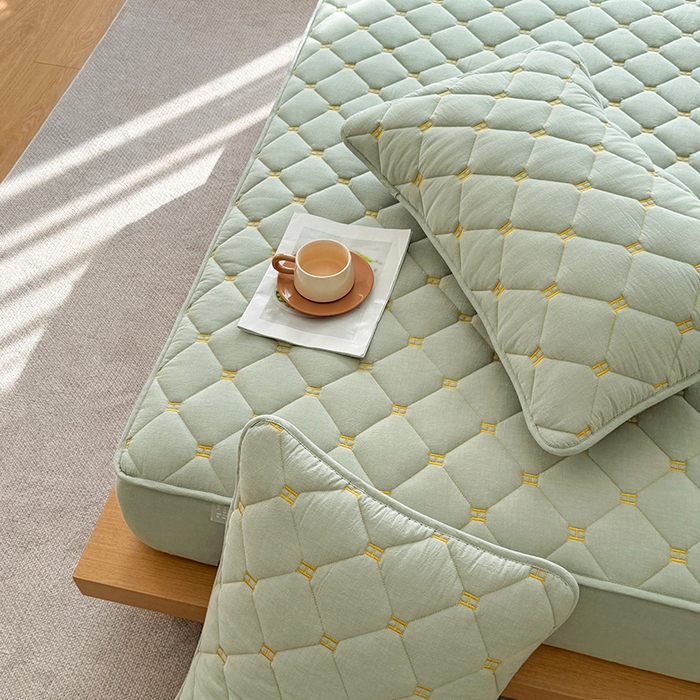 91家纺网 家纺一手货源 找家纺 3C 2024新款H全棉水洗棉床笠 抹茶绿