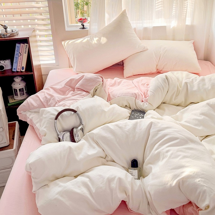 91家纺网 家纺一手货源 找家纺 森璐 2025新款水洗棉双拼四件套宿舍三件套床单被套枕套双拼-奶白粉