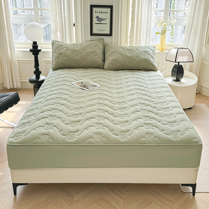 91家纺网 家纺一手货源 找家纺 3C 2024新款全棉水洗棉夹棉玫瑰床笠-花语系列 花语 抹茶绿