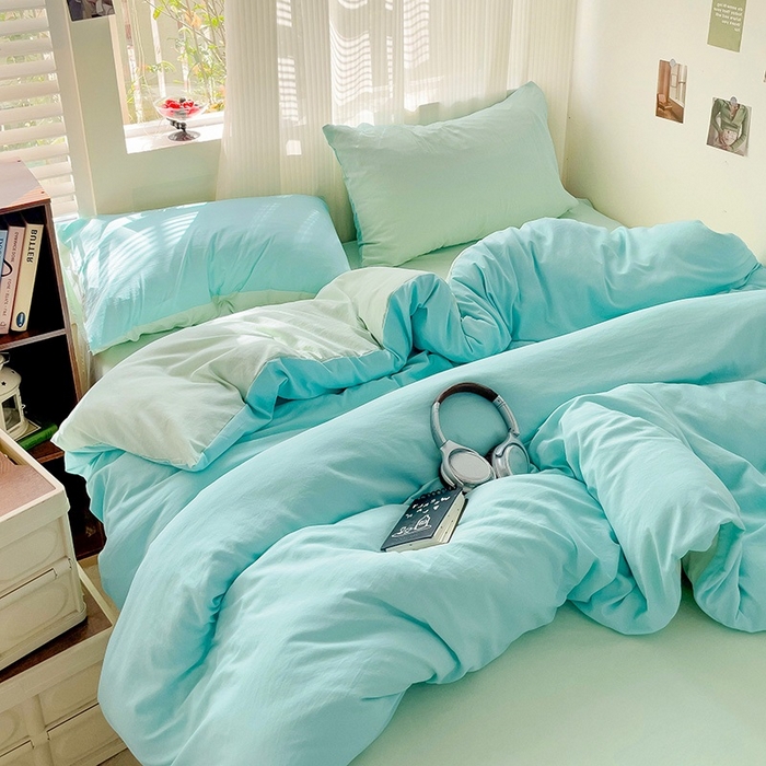 91家纺网 家纺一手货源 找家纺 森璐 2025新款水洗棉双拼四件套宿舍三件套床单被套枕套双拼-湖水绿