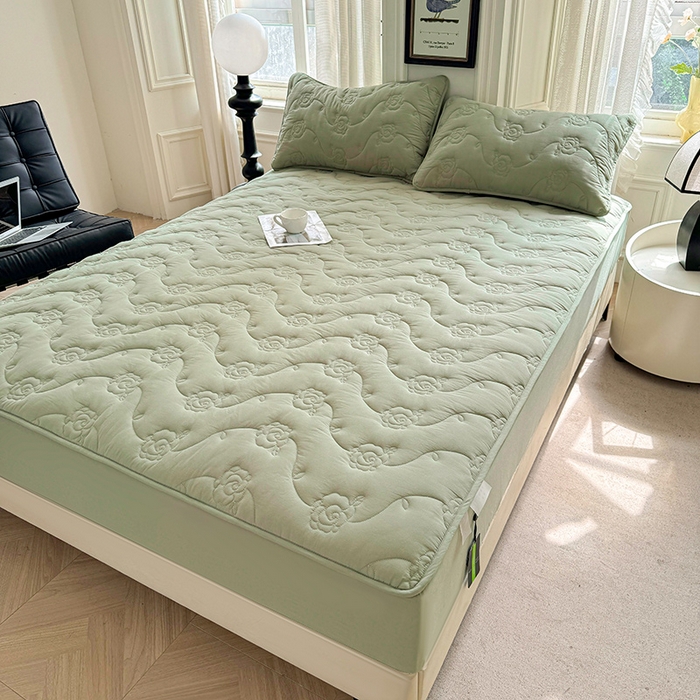 91家纺网 家纺一手货源 找家纺 3C 2024新款全棉水洗棉夹棉玫瑰床笠-花语系列 花语 抹茶绿