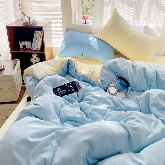 91家纺网 家纺一手货源 找家纺 森璐 2025新款水洗棉双拼四件套宿舍三件套床单被套枕套双拼-天蓝黄