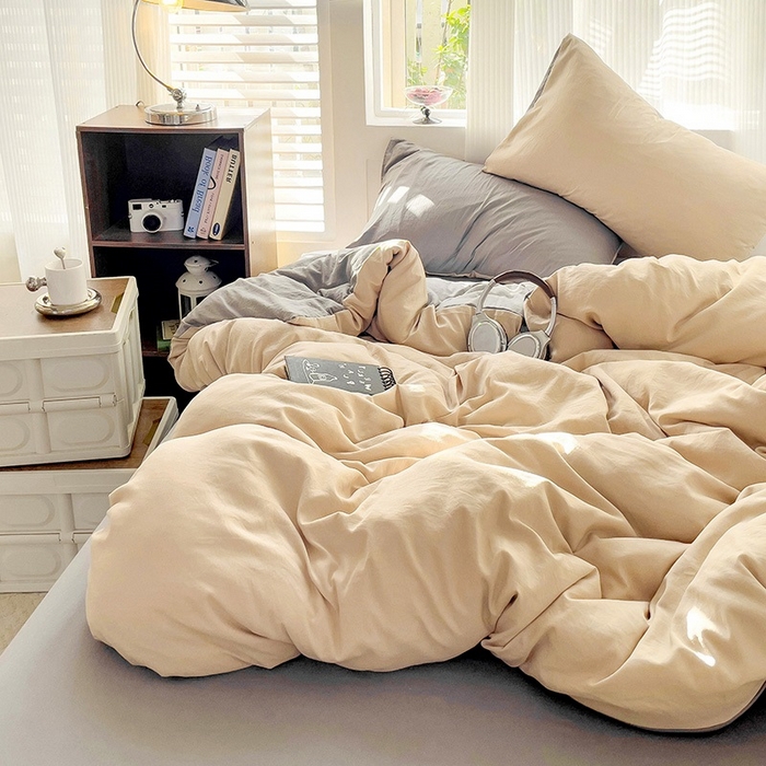 91家纺网 家纺一手货源 找家纺 森璐 2025新款水洗棉双拼四件套宿舍三件套床单被套枕套双拼-驼卡灰