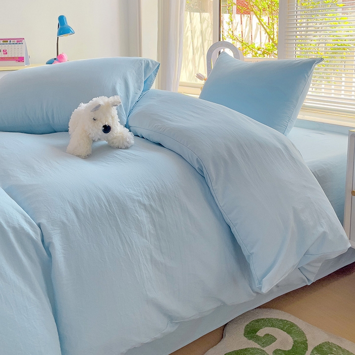 91家纺网 家纺一手货源 找家纺 森璐 2025新款水洗棉双拼四件套宿舍三件套床单被套枕套纯色-浅蓝色